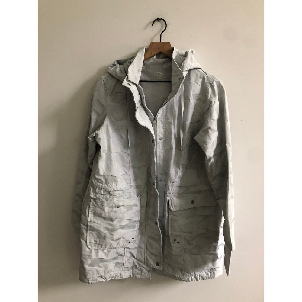 White camo camouflage trench coat with hoodie